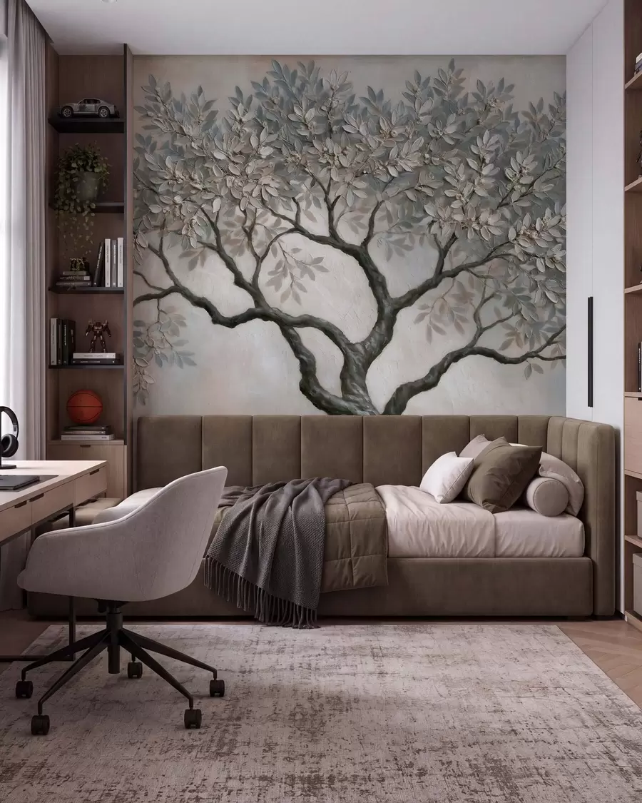 Papier peint photo Arbre peint à l'huile dans des tons gris-beige naturels et apaisants w09919