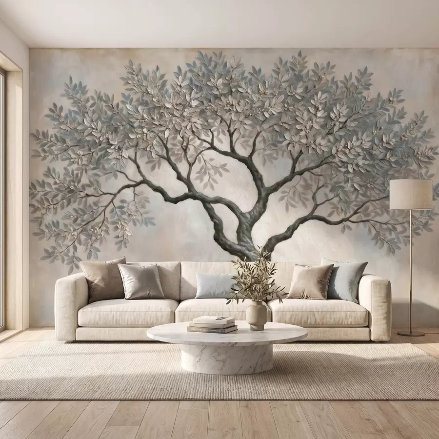Papier peint photo Arbre peint à l'huile dans des tons gris-beige naturels et apaisants w09919