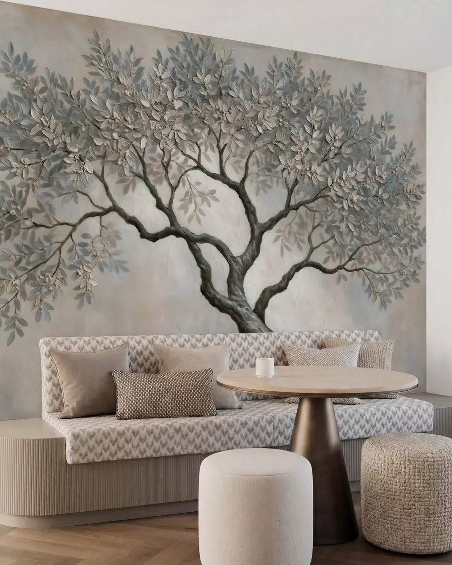 Papier peint photo Arbre peint à l'huile dans des tons gris-beige naturels et apaisants w09919