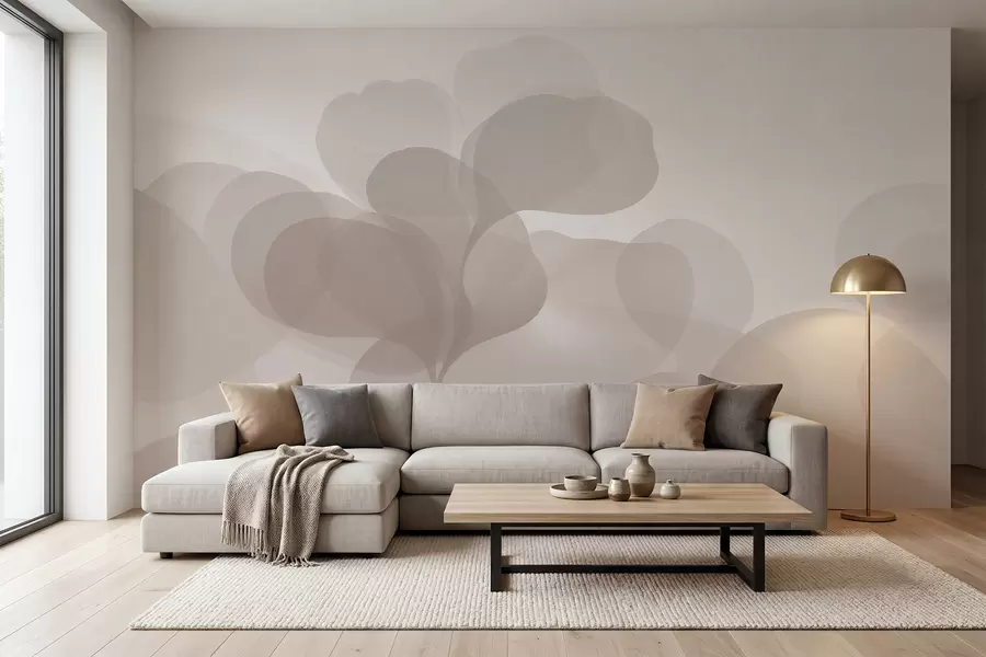 Fotobehang Halfdoorzichtige, abstracte botanische silhouetten in warme beige tinten w09925
