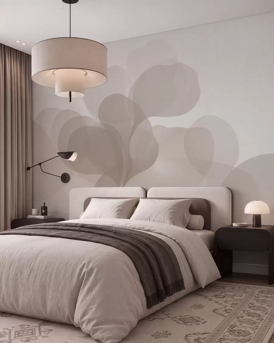Fotobehang Halfdoorzichtige, abstracte botanische silhouetten in warme beige tinten w09925