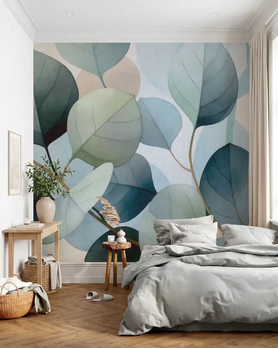 Fotobehang Fijne aquarelafbeeldingen van eucalyptusbladeren w09927