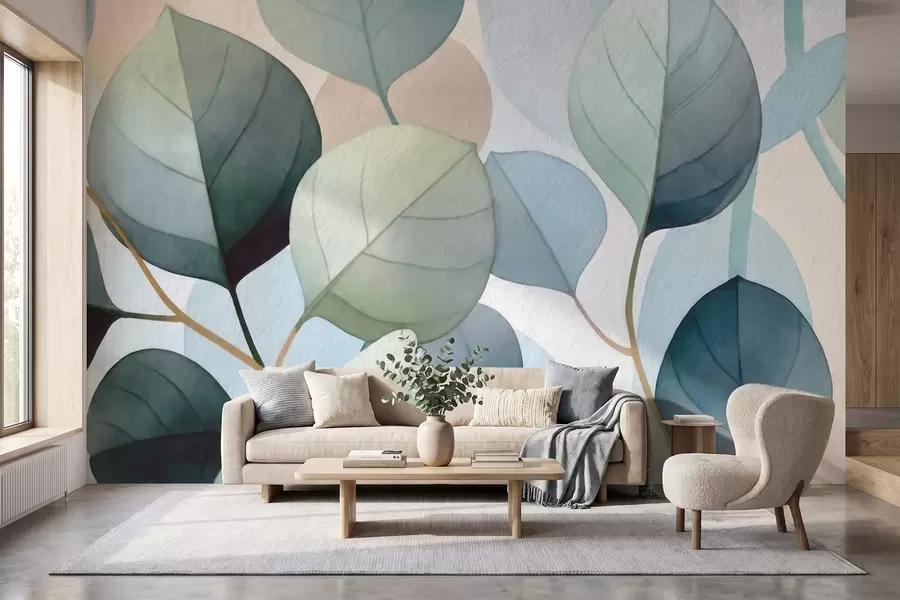Fotobehang Fijne aquarelafbeeldingen van eucalyptusbladeren w09927