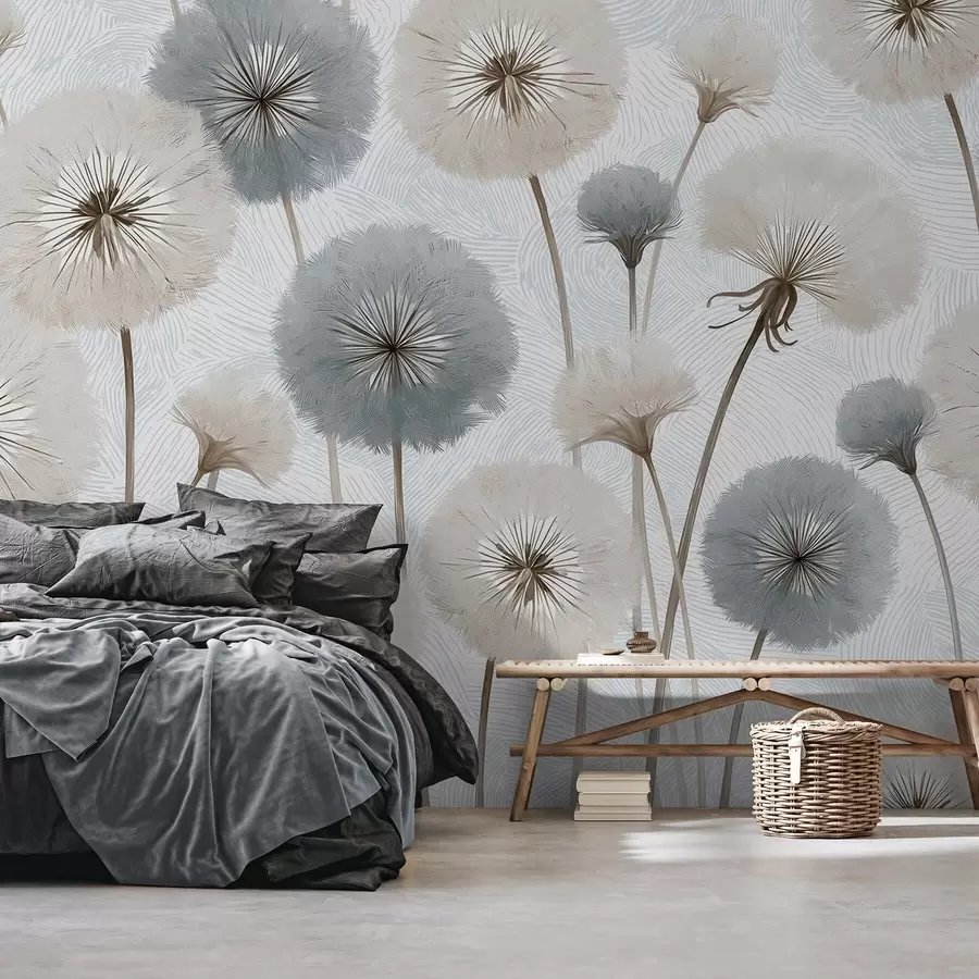 Fotobehang Luchtige, pluizige paardenbloemen in een zacht, natuurlijk kleurenpalet w09936