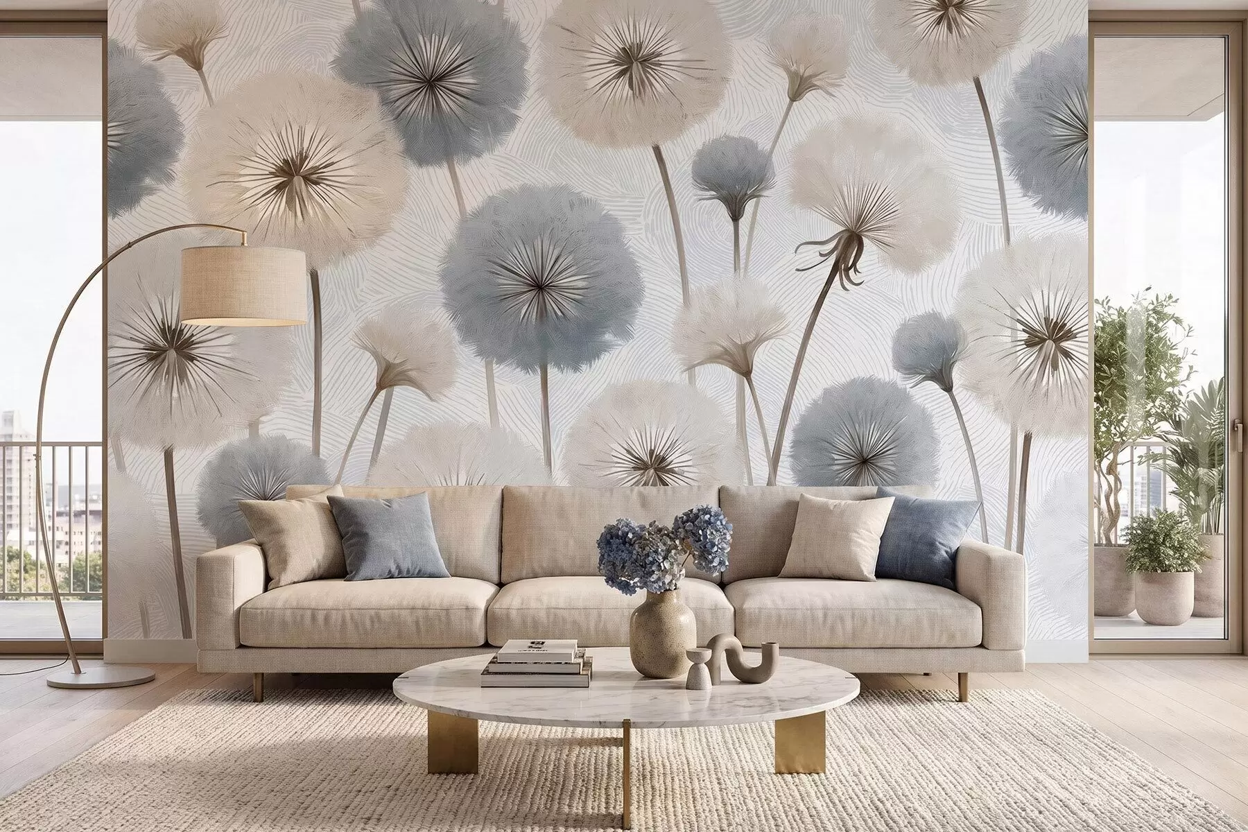 Fotobehang Luchtige, pluizige paardenbloemen in een zacht, natuurlijk kleurenpalet w09936