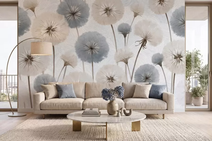 Fotobehang Luchtige, pluizige paardenbloemen in een zacht, natuurlijk kleurenpalet w09936