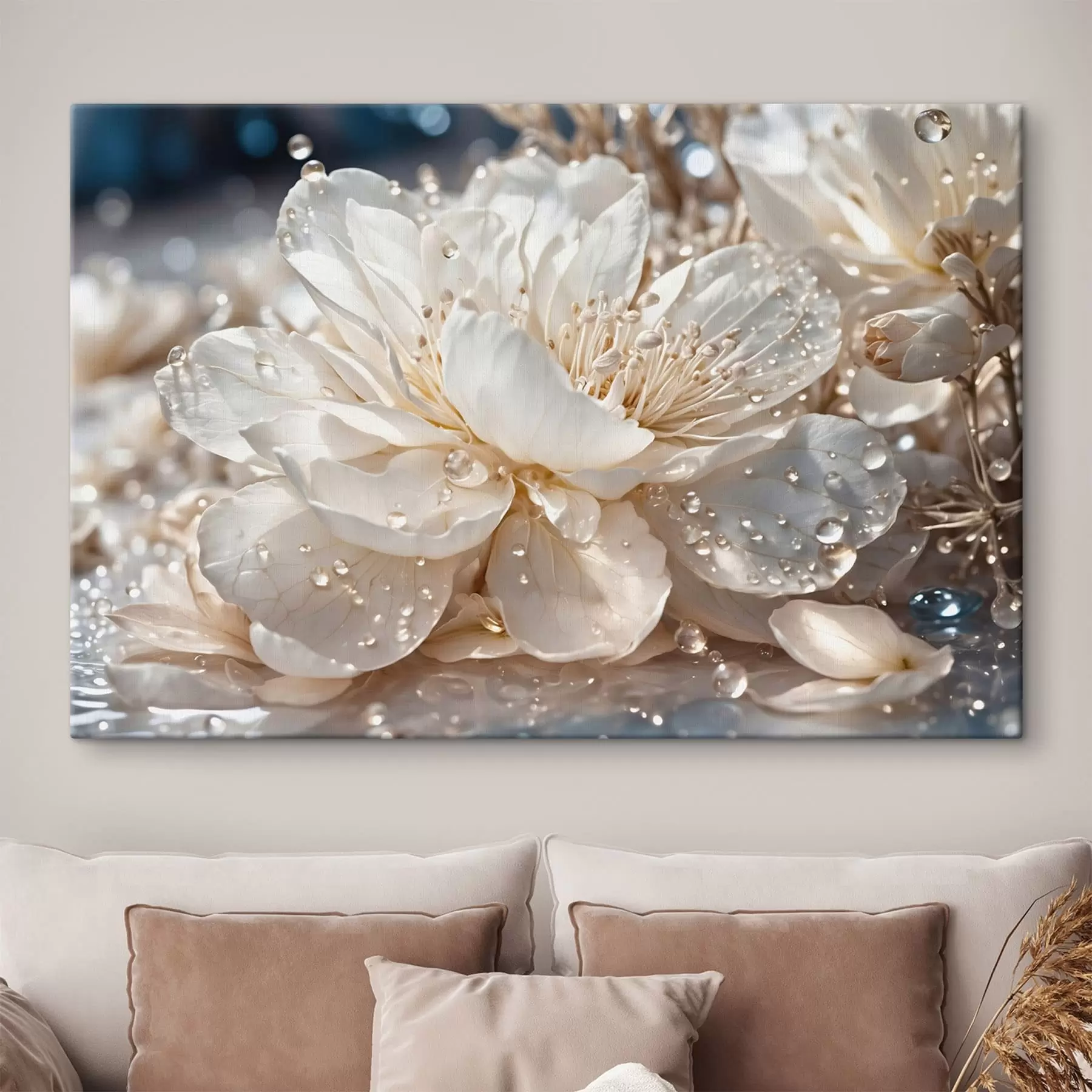  Schilderijen Close-up van een witte bloem met waterdruppeltjes s49355