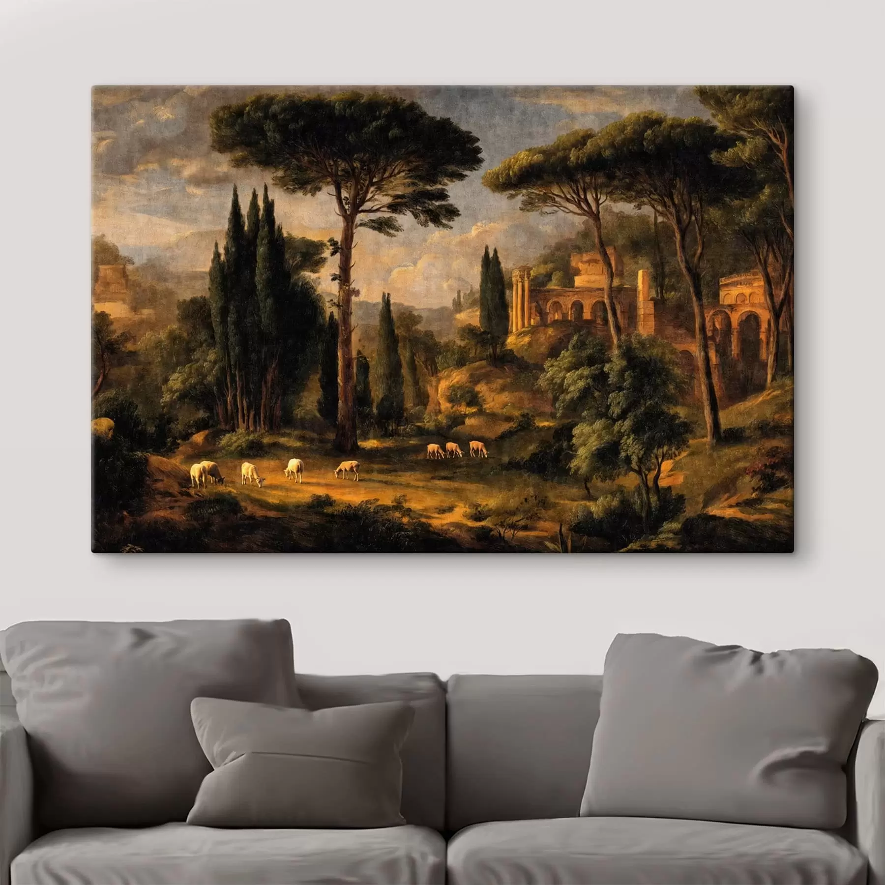  Peintures Paysage classique avec des arbres, des ruines et des moutons s49674