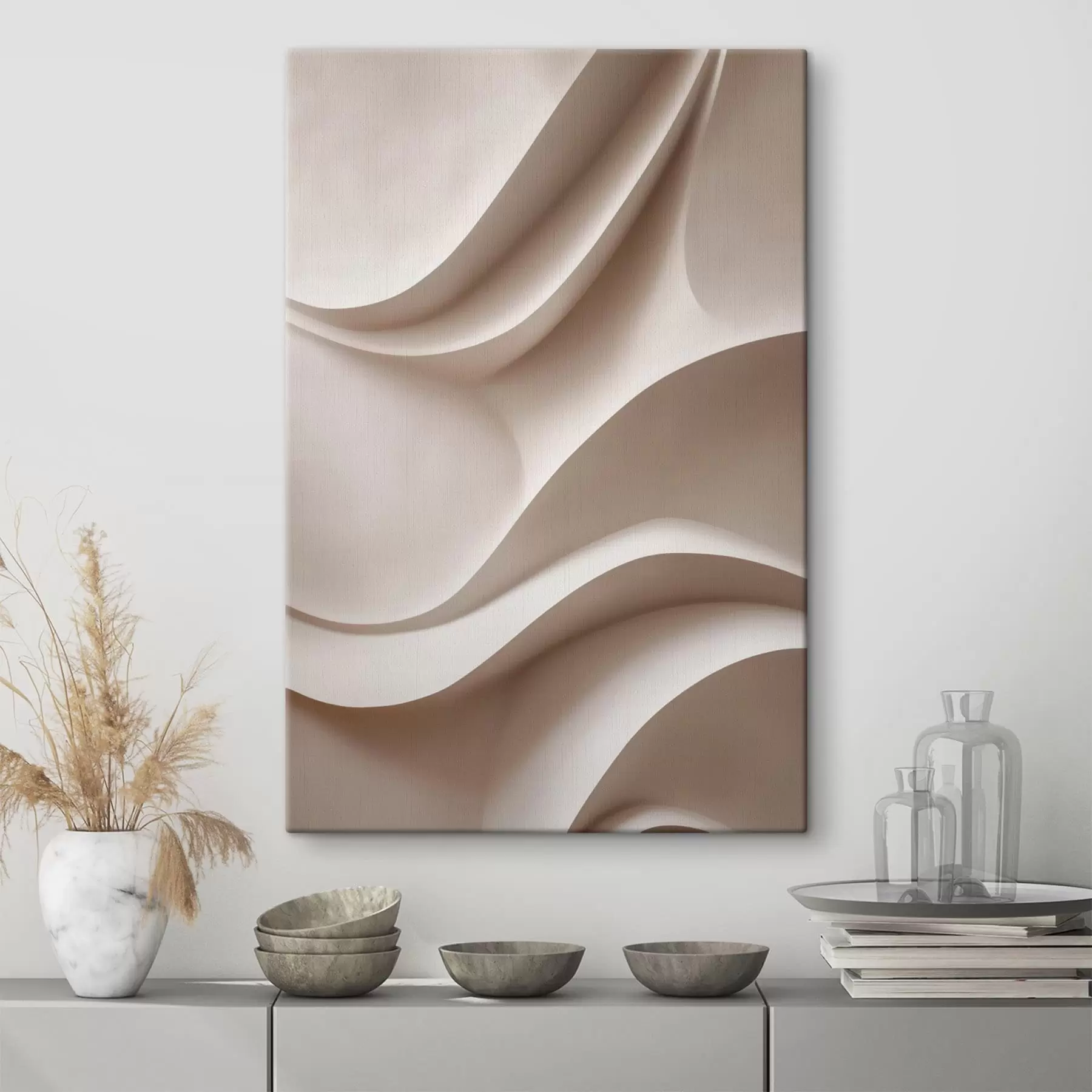  Schilderijen Abstracte, zachte plooien in lichtbeige tinten s49677