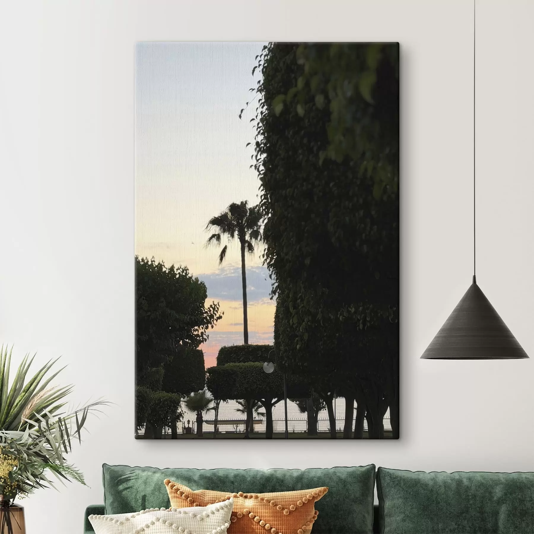  Peintures Un palmier dans un parc paysager au coucher du soleil s49697