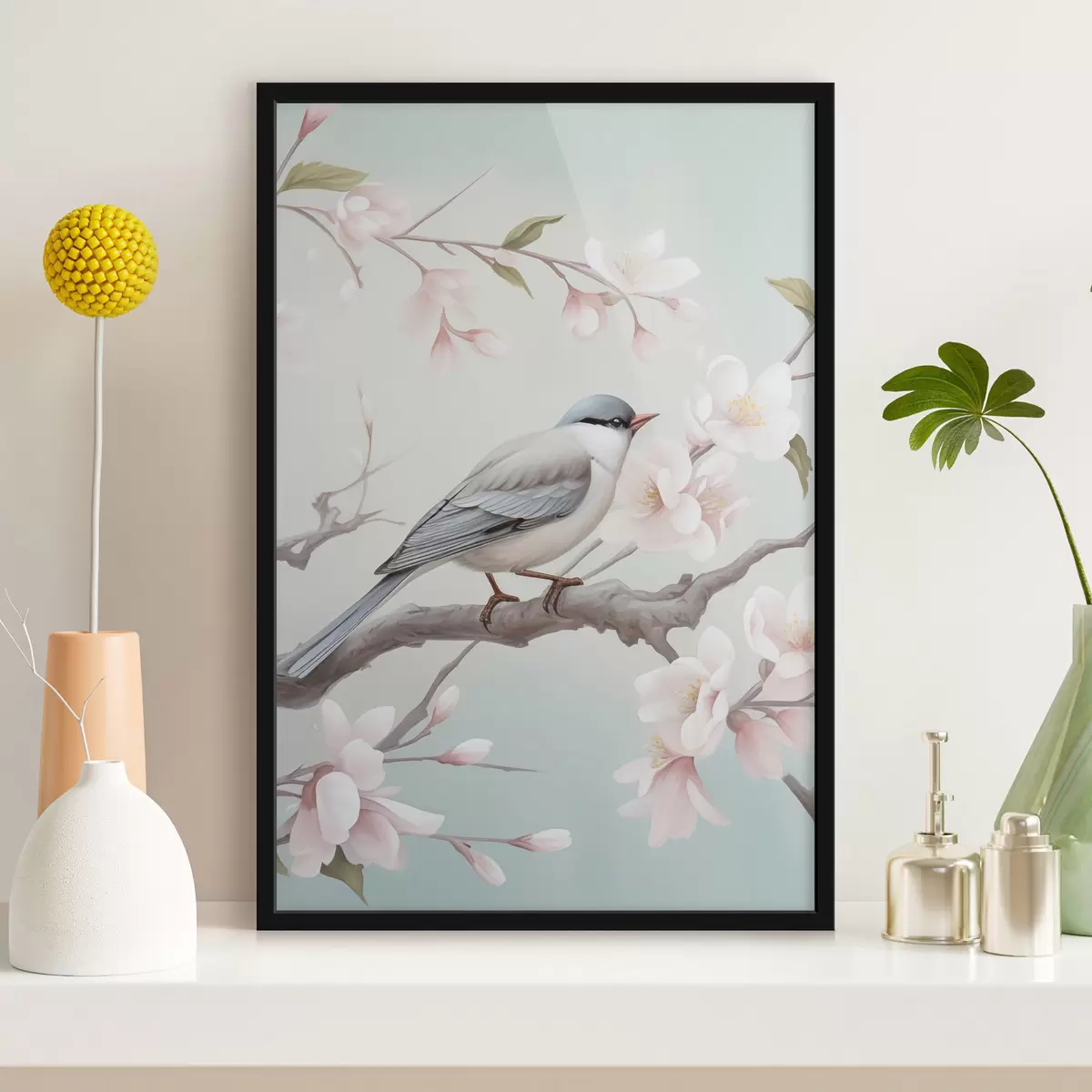 Affiche Un oiseau perché sur une branche en fleurs f49550