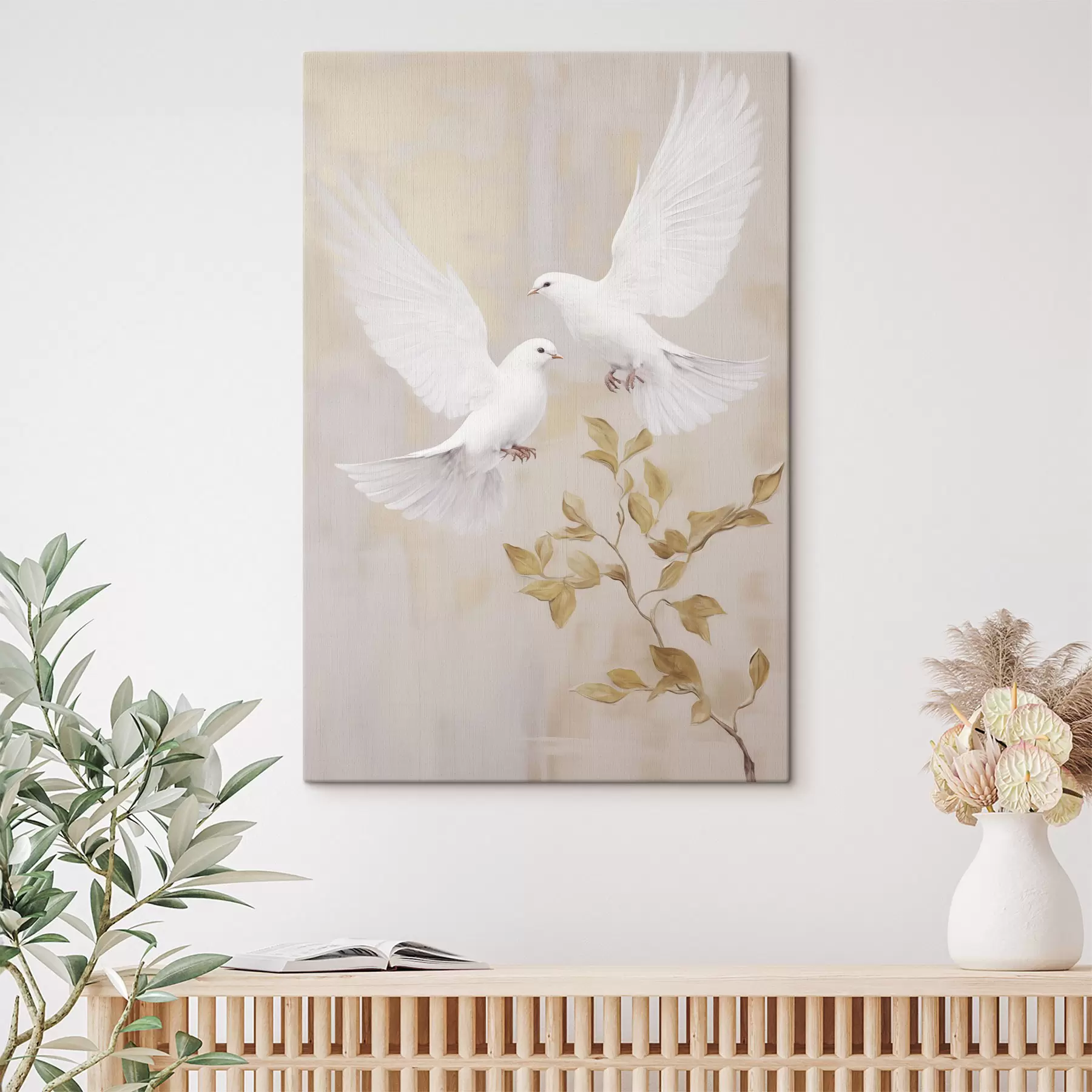  Peintures Un oiseau blanc près d'une branche aux feuilles brun clair, sur un arrière-plan aux tons sobres s49764