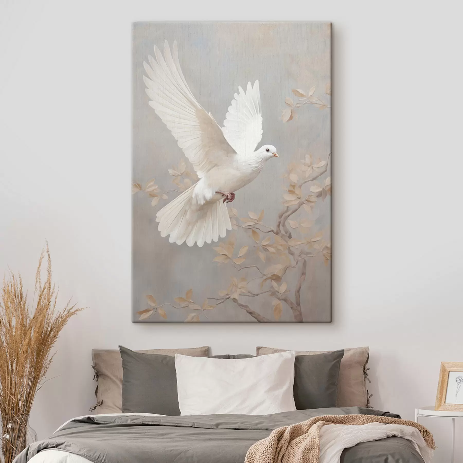  Schilderijen Een witte vogel bij een tak met lichtbruine bladeren, tegen een rustige achtergrond s49763