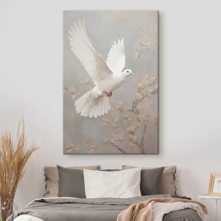  Peintures Un oiseau blanc près d'une branche aux feuilles brun clair, sur un arrière-plan aux tons sobres s49763
