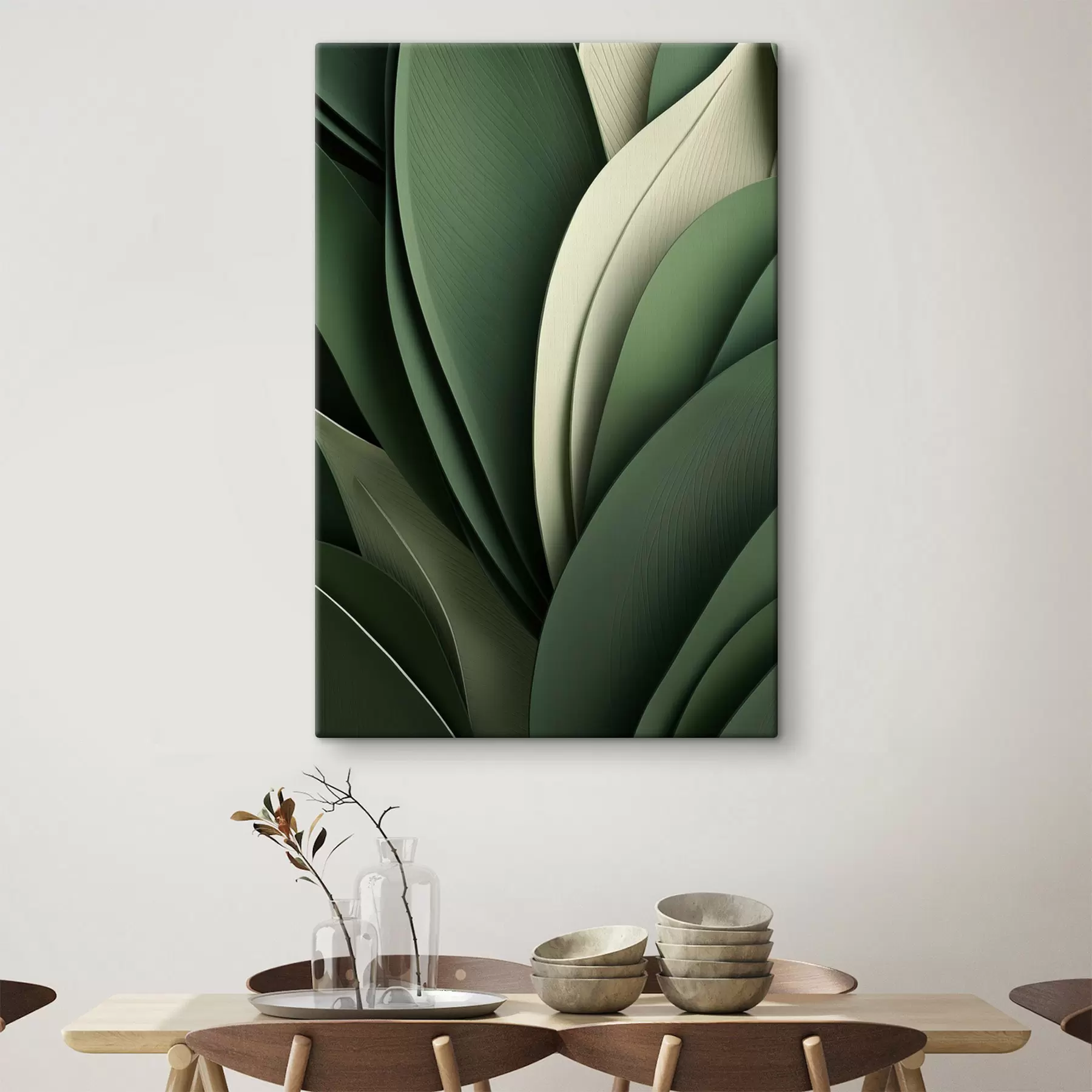  Peintures Feuilles vertes abstraites superposées, rehaussées de subtiles touches crème s49765