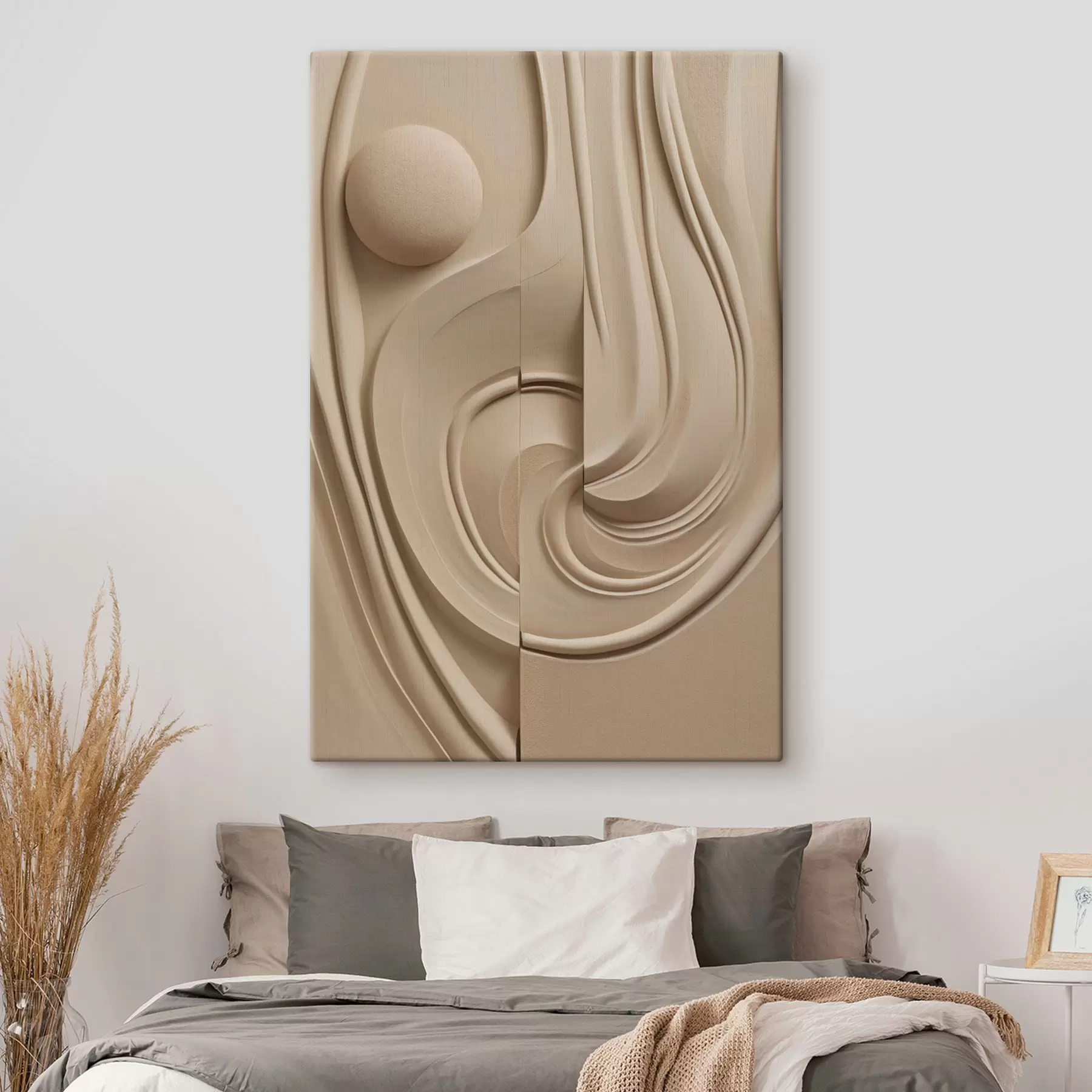  Schilderijen Een beige, abstract kunstwerk met textuur, vloeiende lijnen en een bol s49775
