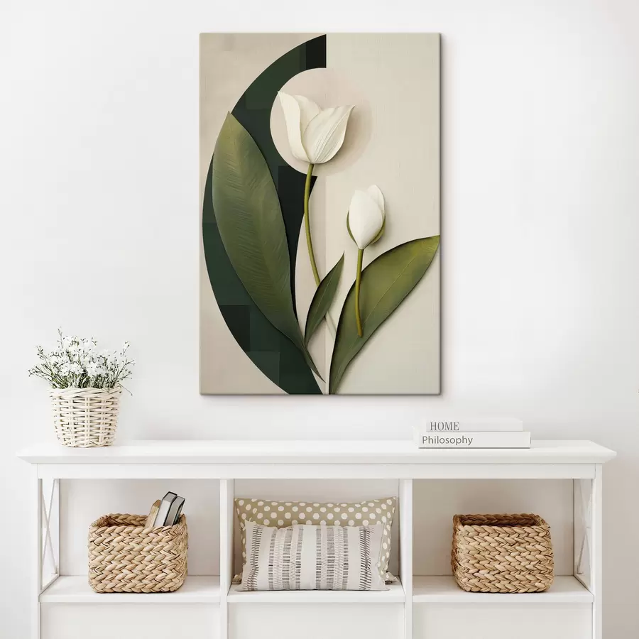  Peintures Tulipes blanches avec des feuilles et des tiges vertes, art abstrait s49779