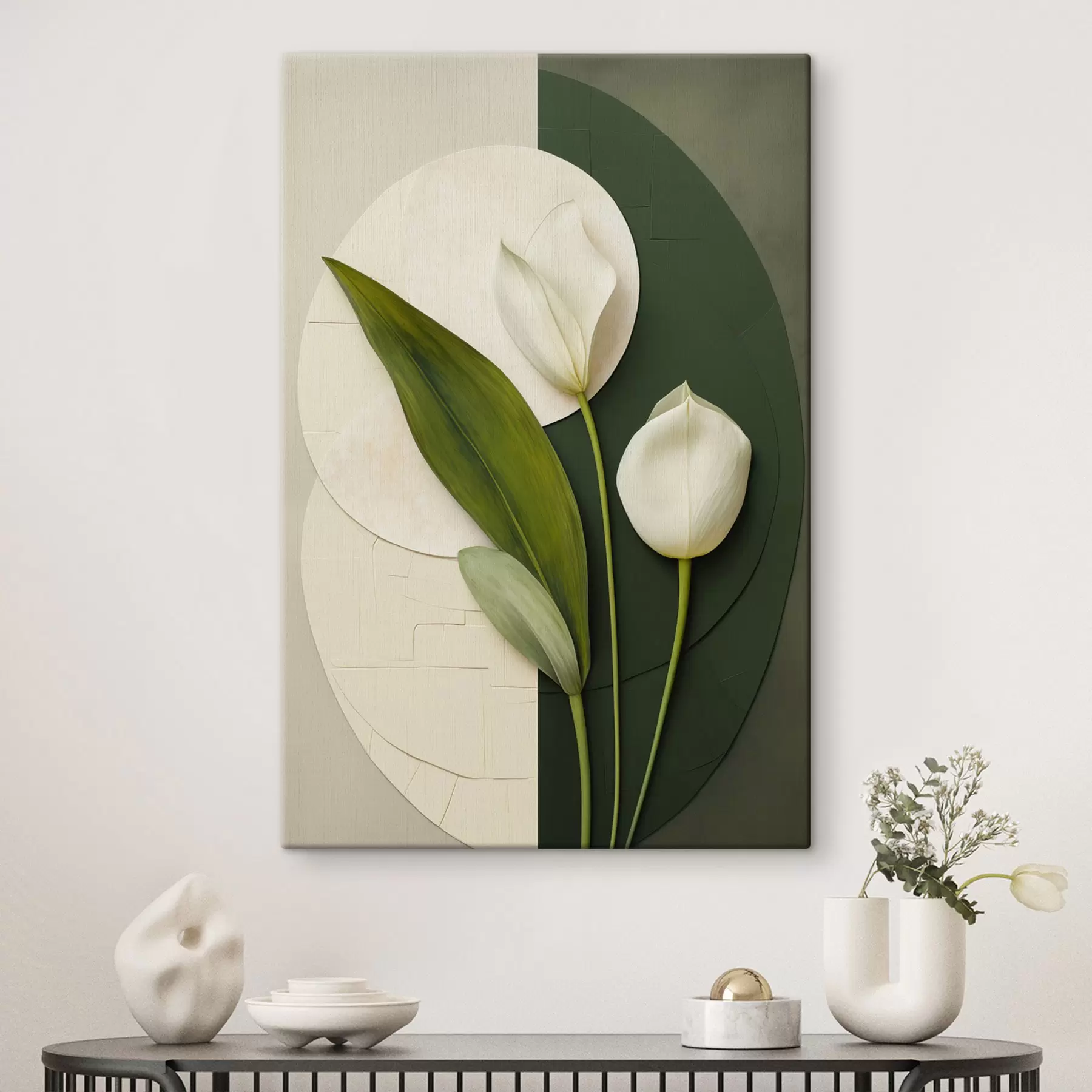  Peintures Tulipes blanches avec des feuilles et des tiges vertes, art abstrait s49780