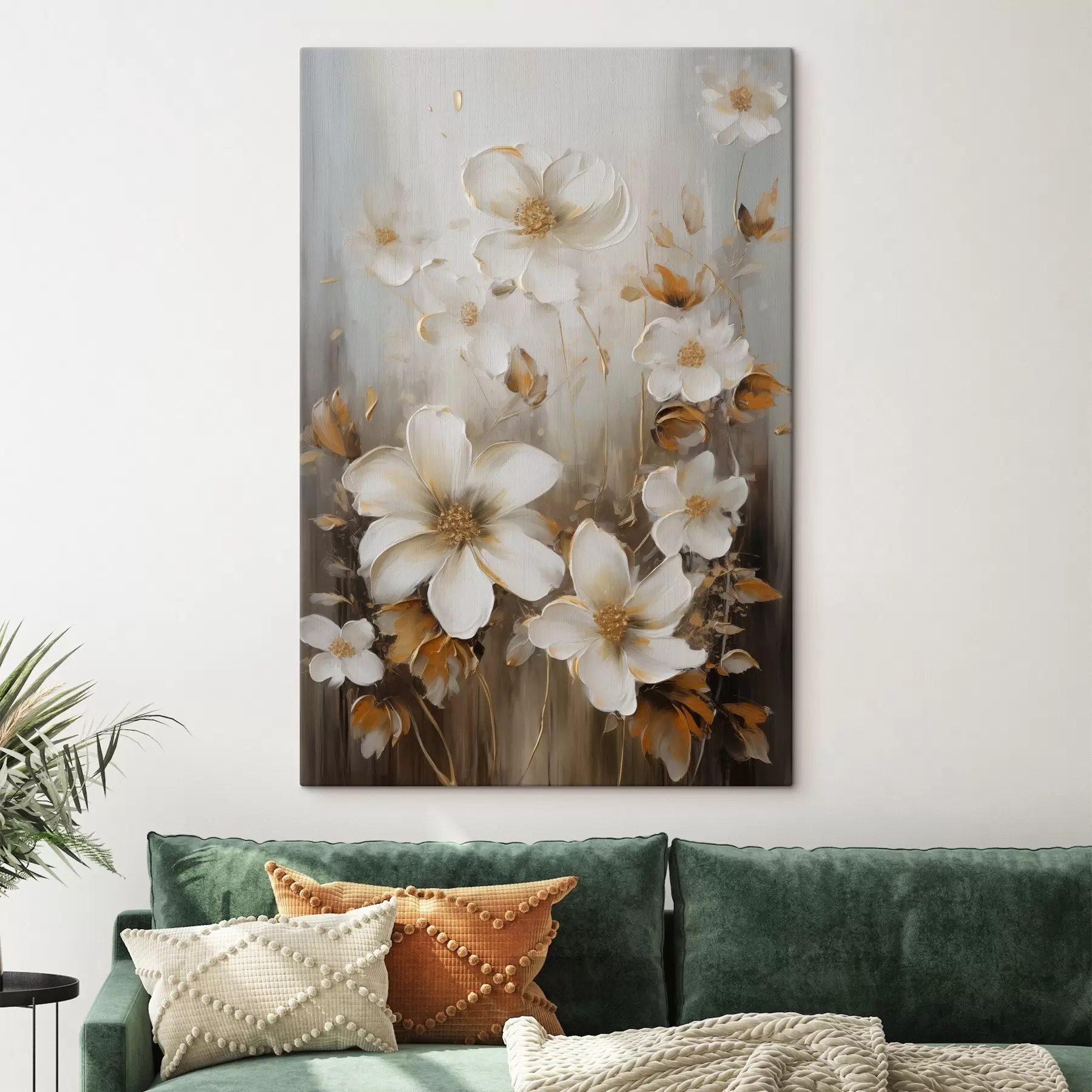  Peintures Fleurs blanches aux pétales texturés et aux touches jaunes, sur fond abstrait s49781