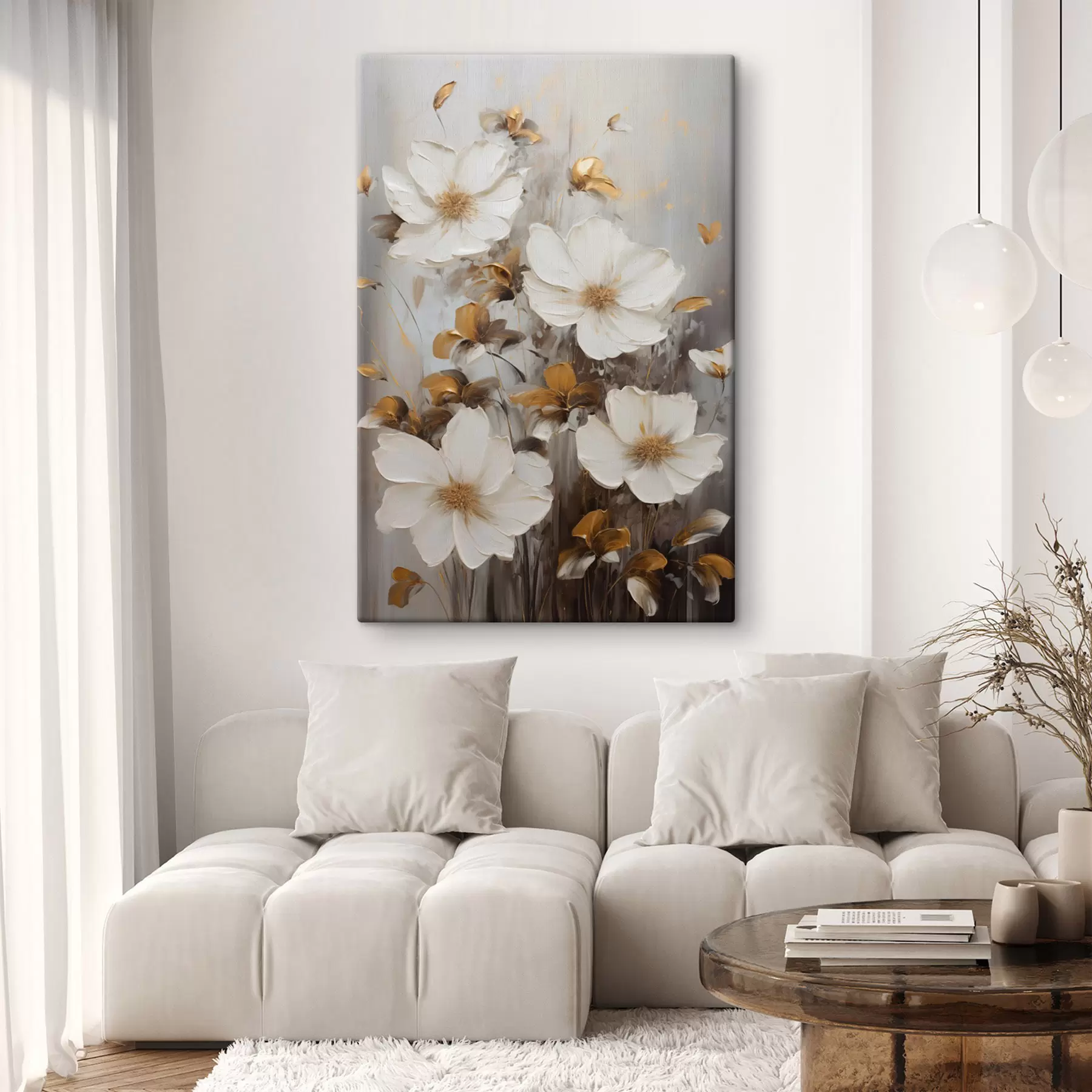  Peintures Fleurs blanches aux pétales texturés et aux touches jaunes, sur fond abstrait s49782