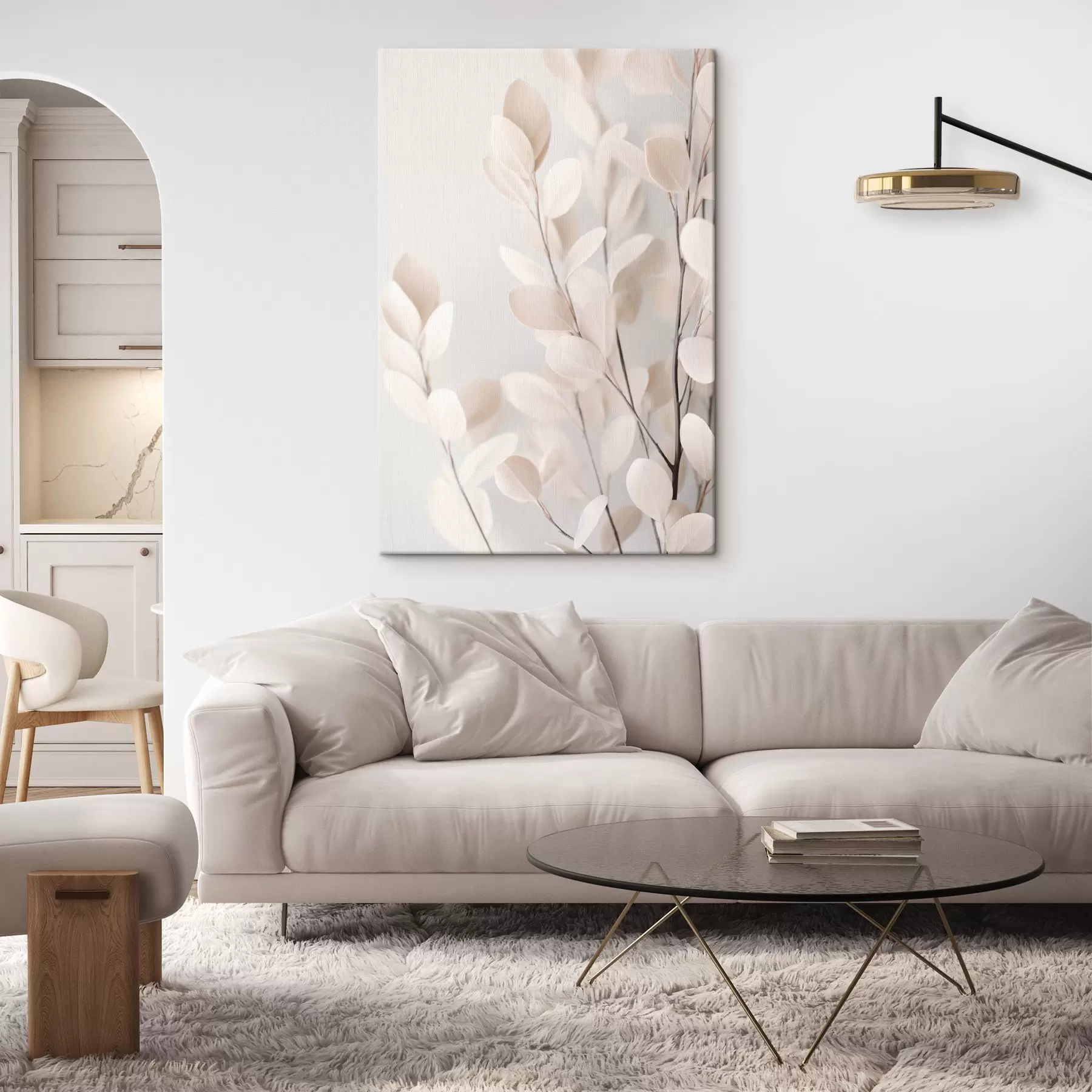 Schilderijen Lichtbeige eucalyptusbladeren tegen een lichte, gestructureerde achtergrond s49794