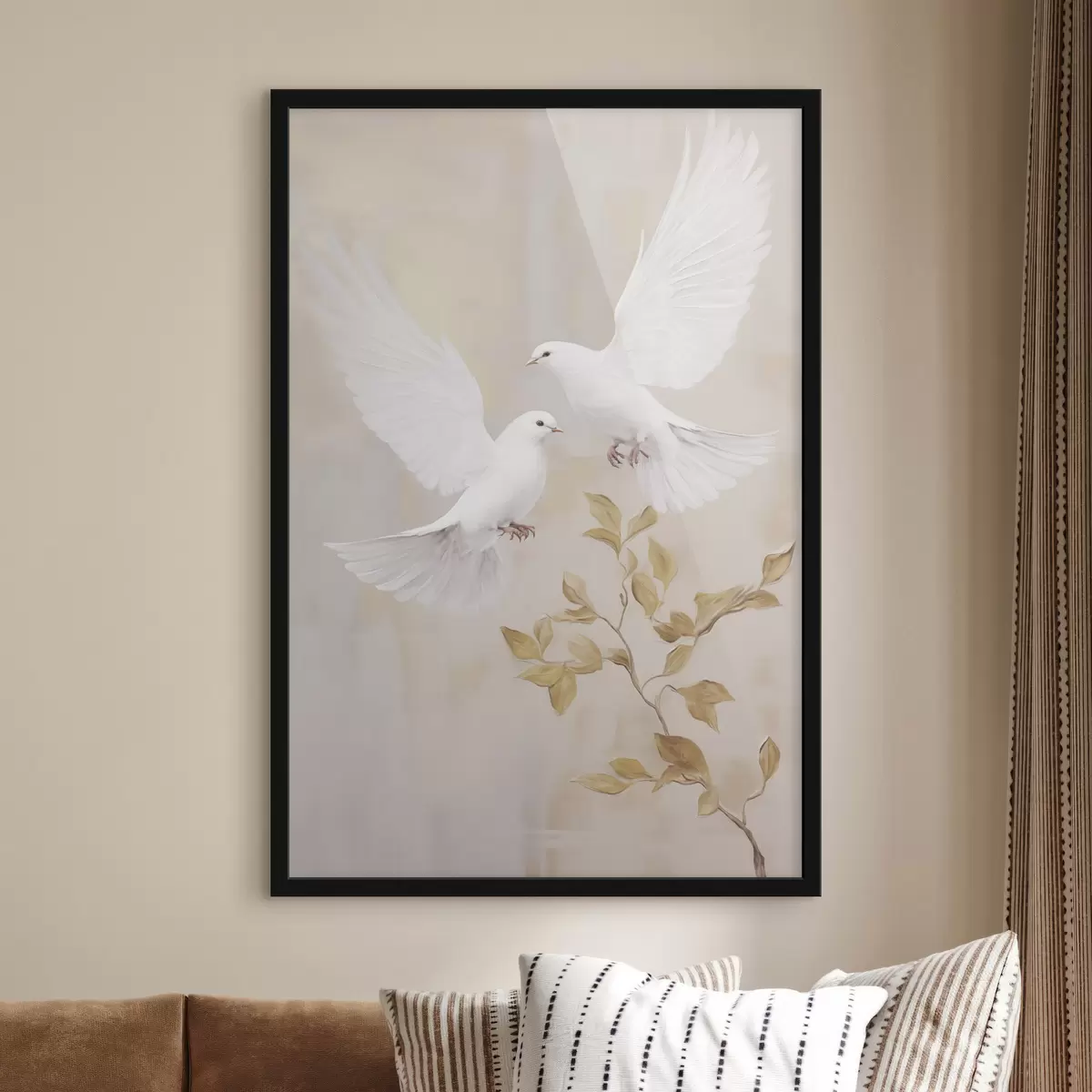 Affiche Un oiseau blanc près d'une branche aux feuilles brun clair, sur un arrière-plan aux tons sobres f49764