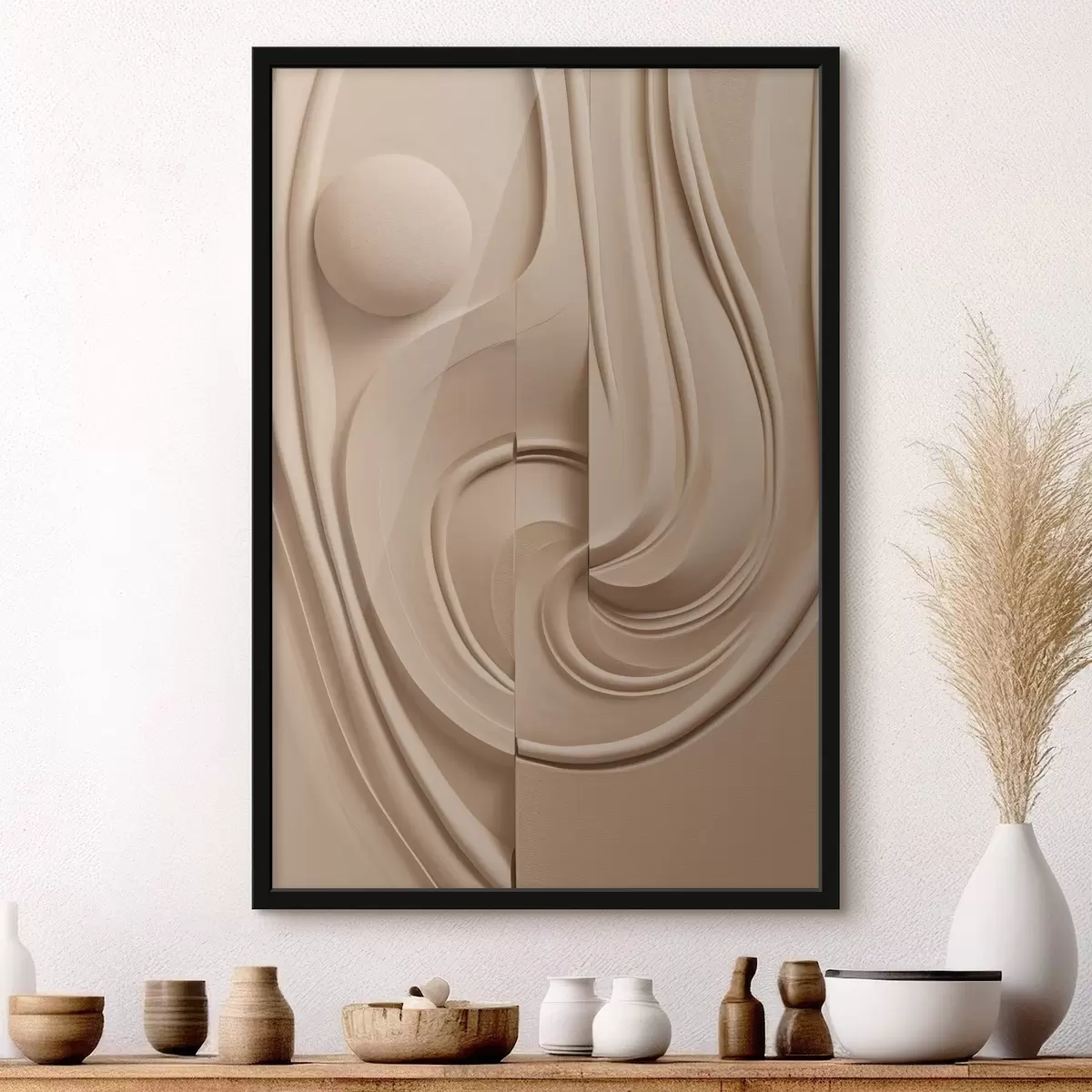 Affiche Une œuvre d'art abstraite beige, texturée, composée de lignes fluides et d'une sphère f49775