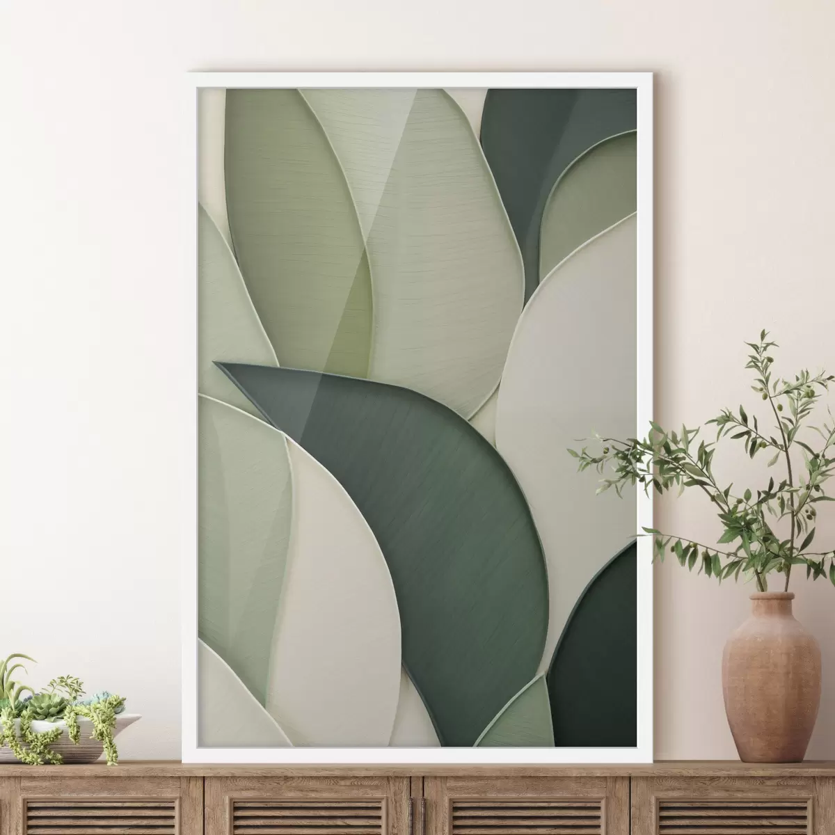 Affiche Œuvre d'art abstrait composée de formes organiques vertes et crème qui se chevauchent f49777