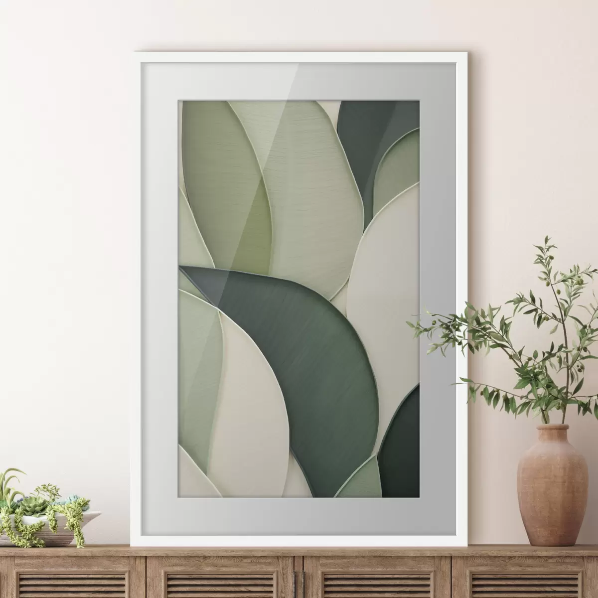 Affiche Œuvre d'art abstrait composée de formes organiques vertes et crème qui se chevauchent f49777