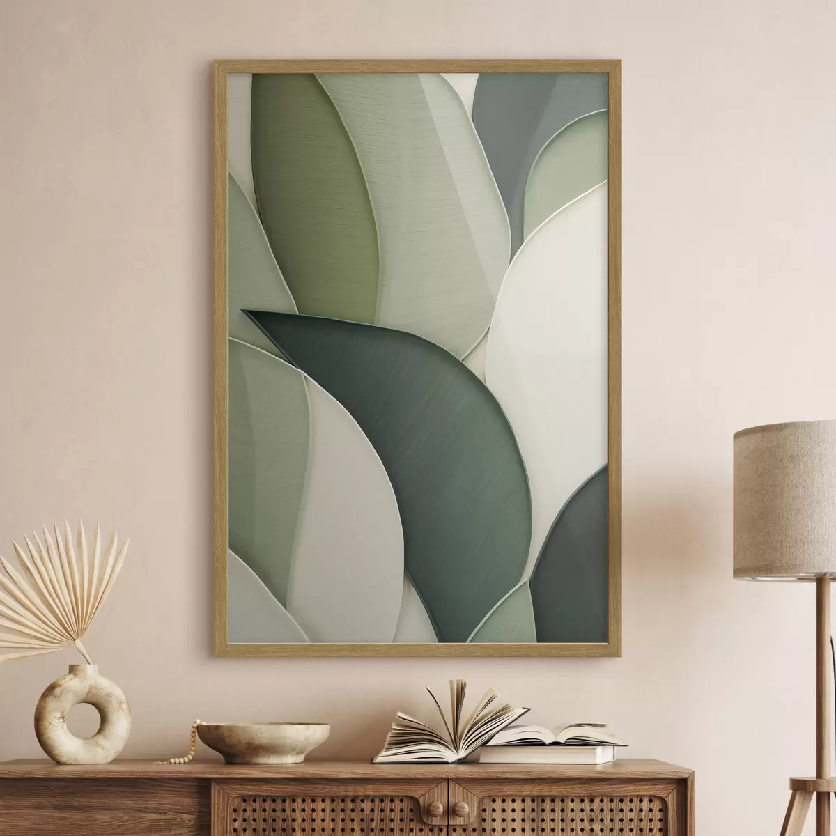 Affiche Œuvre d'art abstrait composée de formes organiques vertes et crème qui se chevauchent f49777