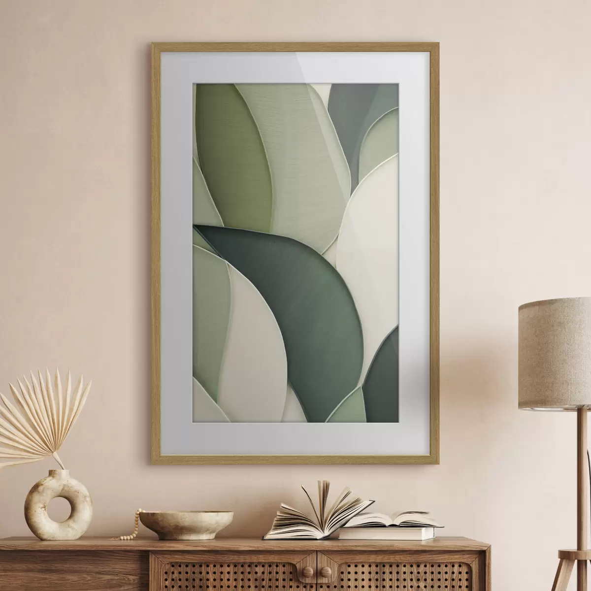Affiche Œuvre d'art abstrait composée de formes organiques vertes et crème qui se chevauchent f49777