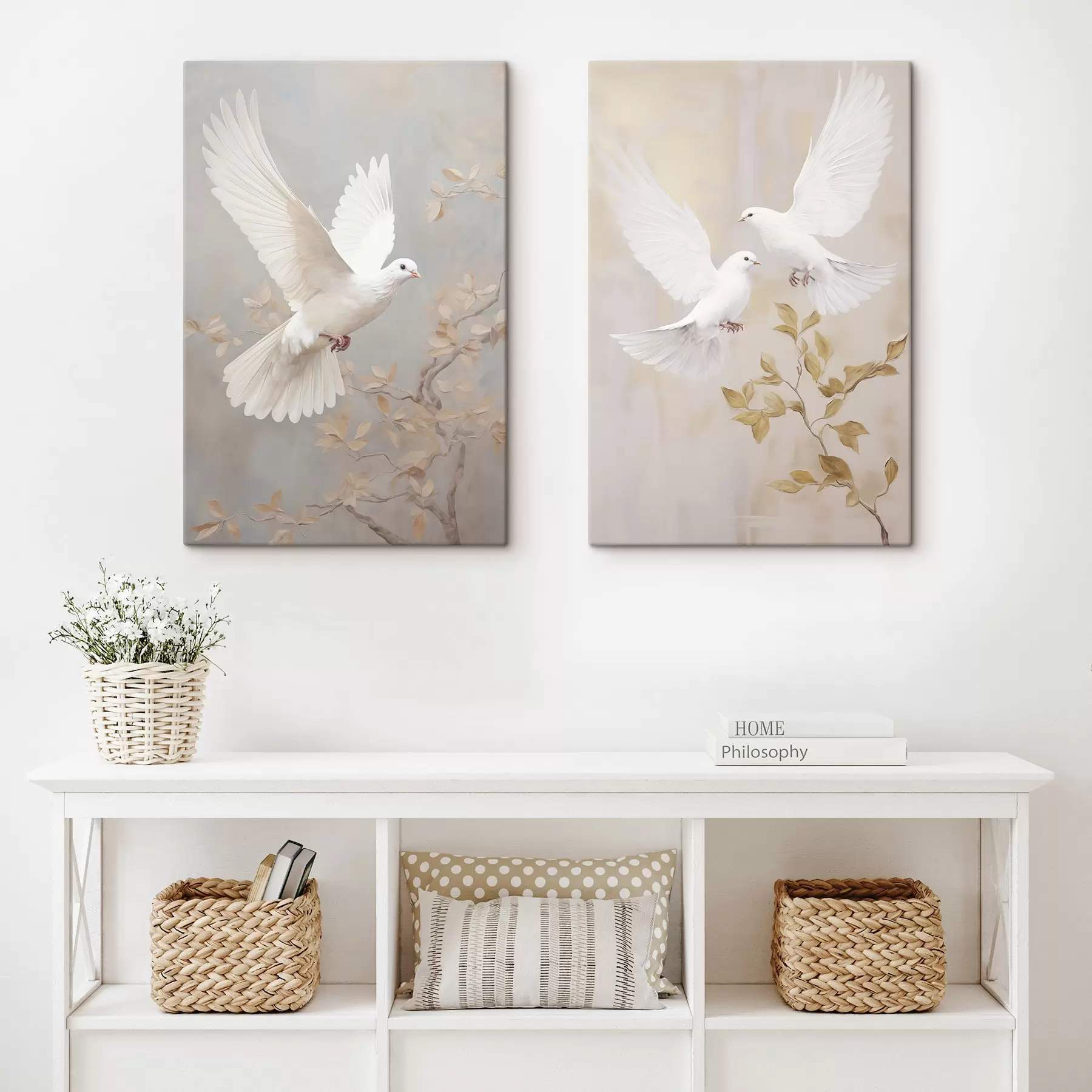 Peintures Des oiseaux blancs près d'une branche aux feuilles brun clair, sur un fond aux tons discrets m30677