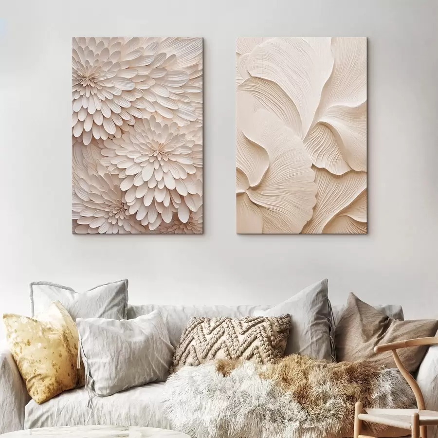  Schilderijen Gelaagde, crèmekleurige bloemblaadjes die abstracte bloemvormen vormen, kunst met textuur m30680