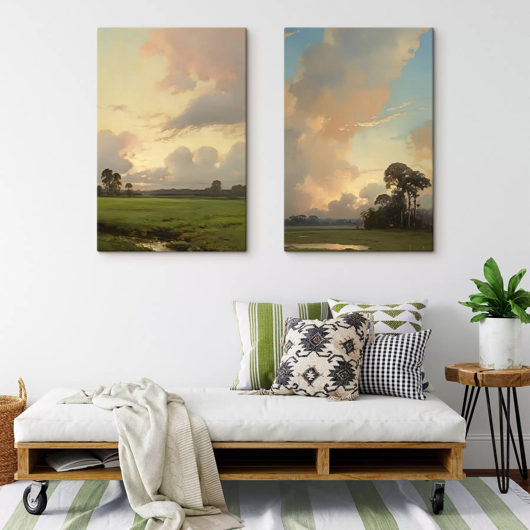  Peintures Un paysage représentant un champ herbeux avec des arbres au loin, sous un ciel nuageux m30682