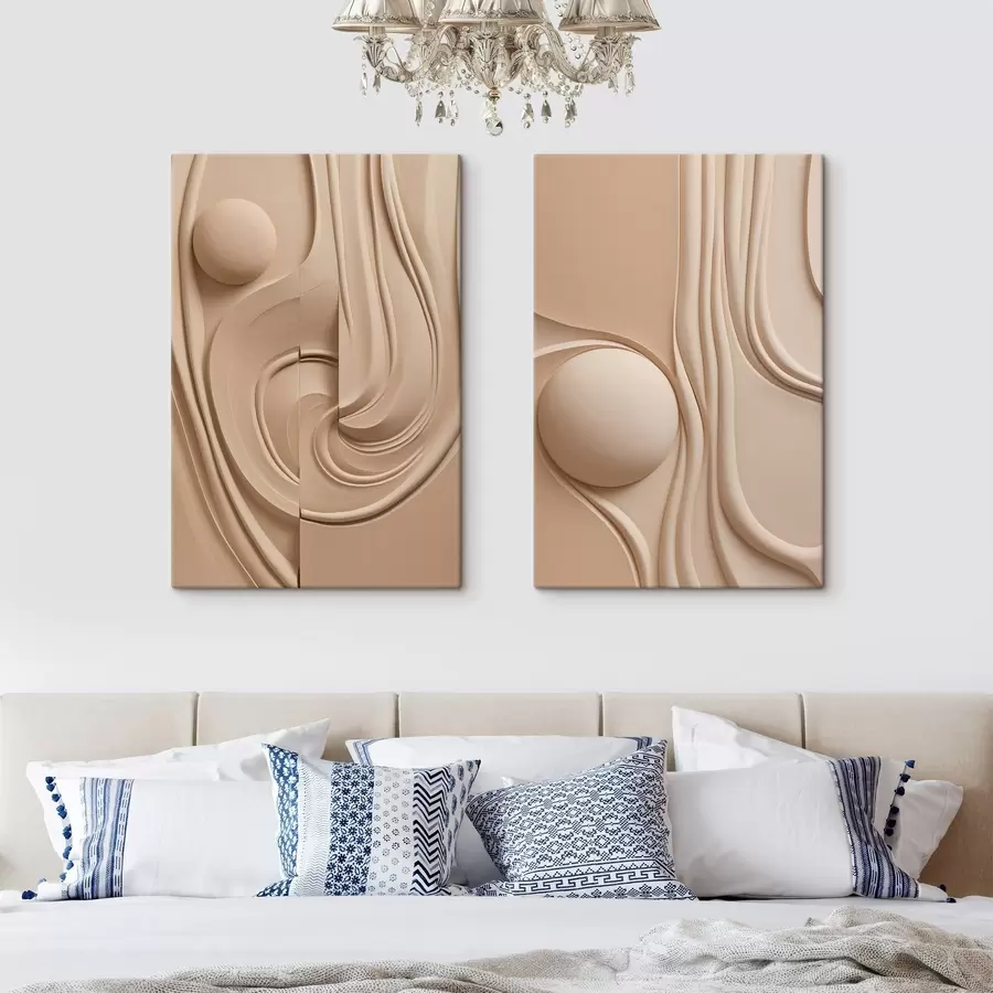  Schilderijen Een beige, abstract kunstwerk met textuur, vloeiende lijnen en een bol m30683