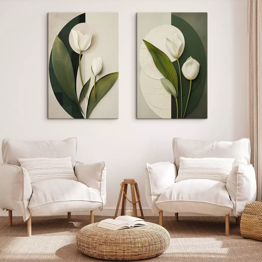  Schilderijen Witte tulpen met groene bladeren en stelen, abstracte kunst m30685