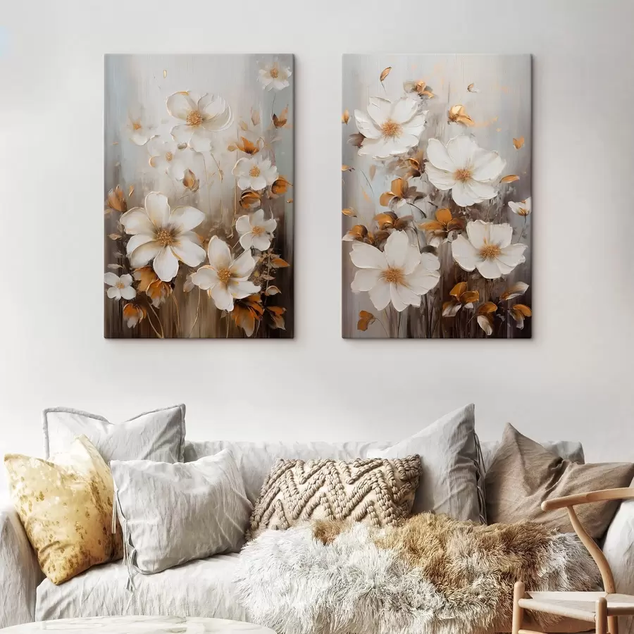  Peintures Fleurs blanches aux pétales texturés et aux touches jaunes, sur fond abstrait m30686