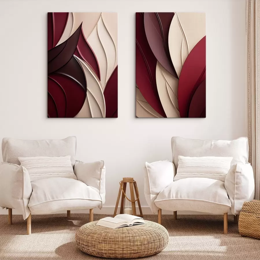 Fotobehang Abstracte golvende vormen in bordeaux- en crèmekleurige tinten, gelaagde texturen m30689