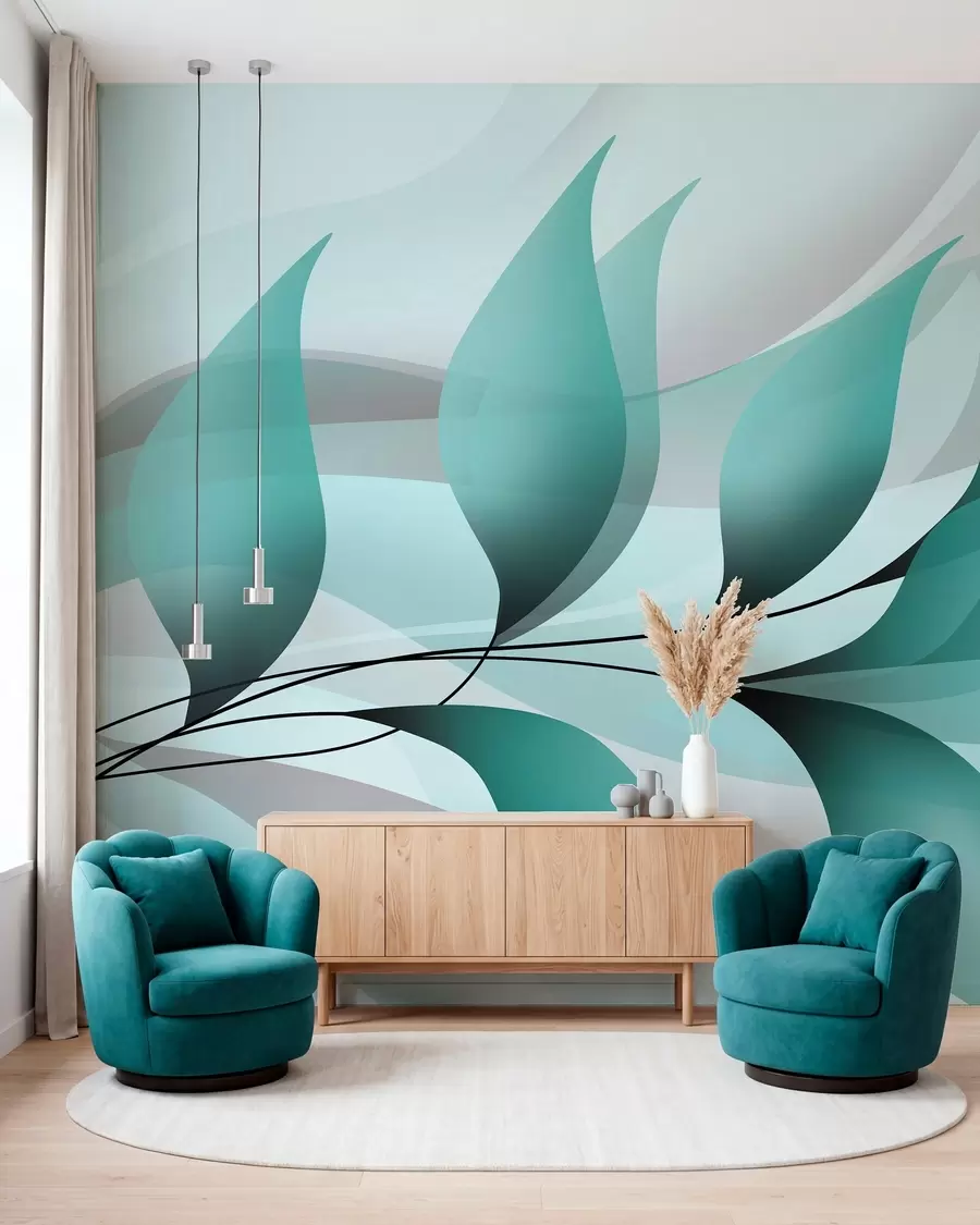 Fotobehang een elegante tak met turquoise bladeren w05660v1