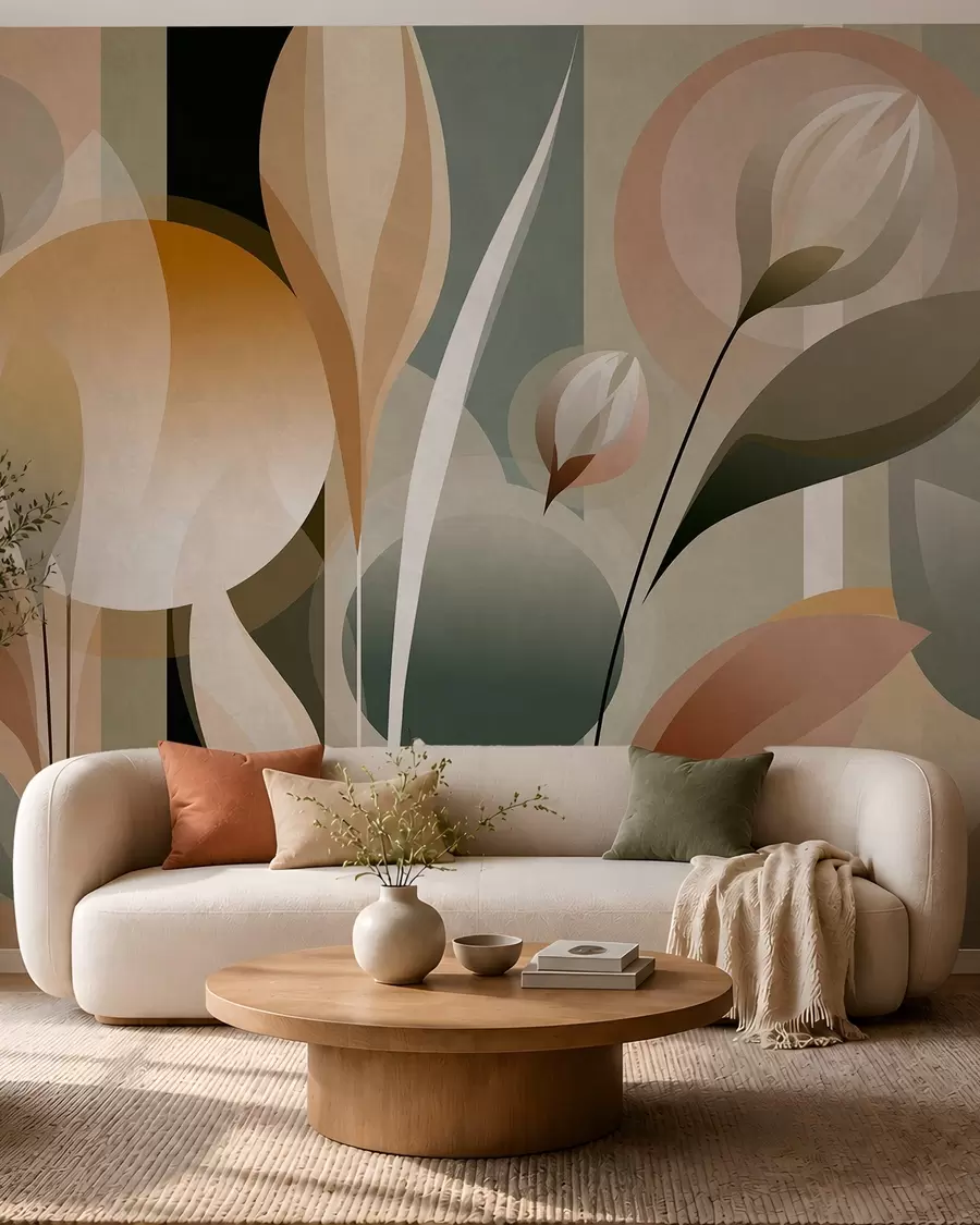 Fotobehang een gestileerde abstractie met planten in natuurlijke kleuren w05750