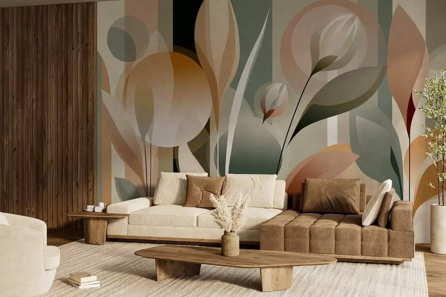 Fotobehang een gestileerde abstractie met planten in natuurlijke kleuren w05750