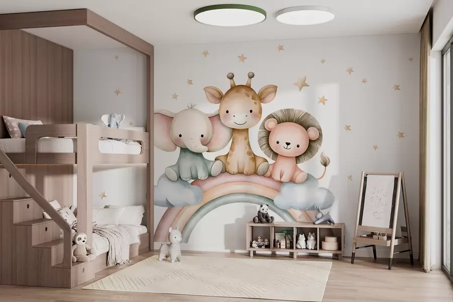 Papier peint photo un arc-en-ciel avec des animaux parmi les étoiles, dans un style aquarelle w05752