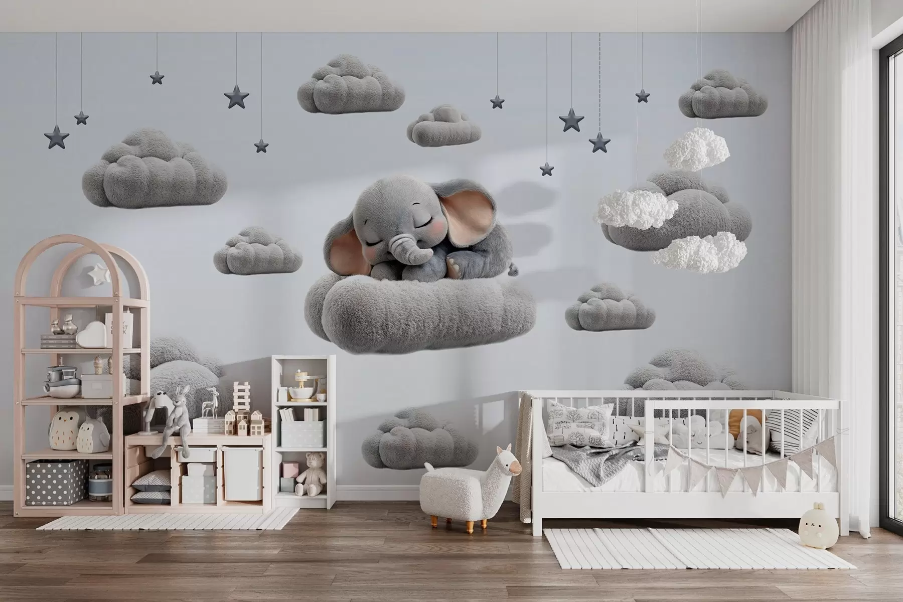 Papier peint photo un adorable petit éléphant en 3D, endormi au milieu de nuages duveteux w05754