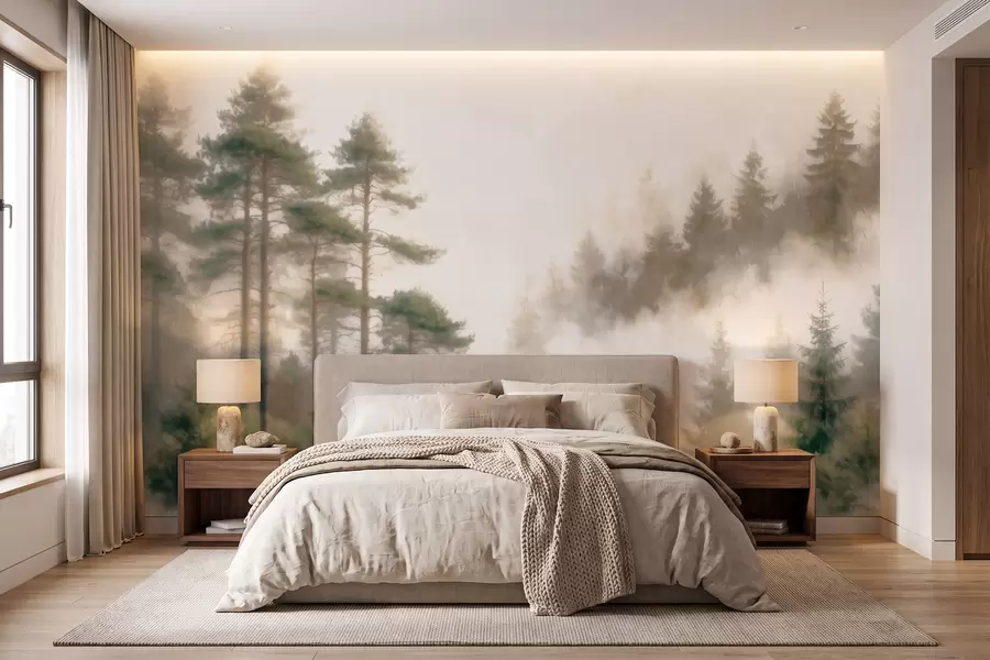 Fotobehang Een dennenbos in de ochtend, geschilderd in aquarelstijl w09916