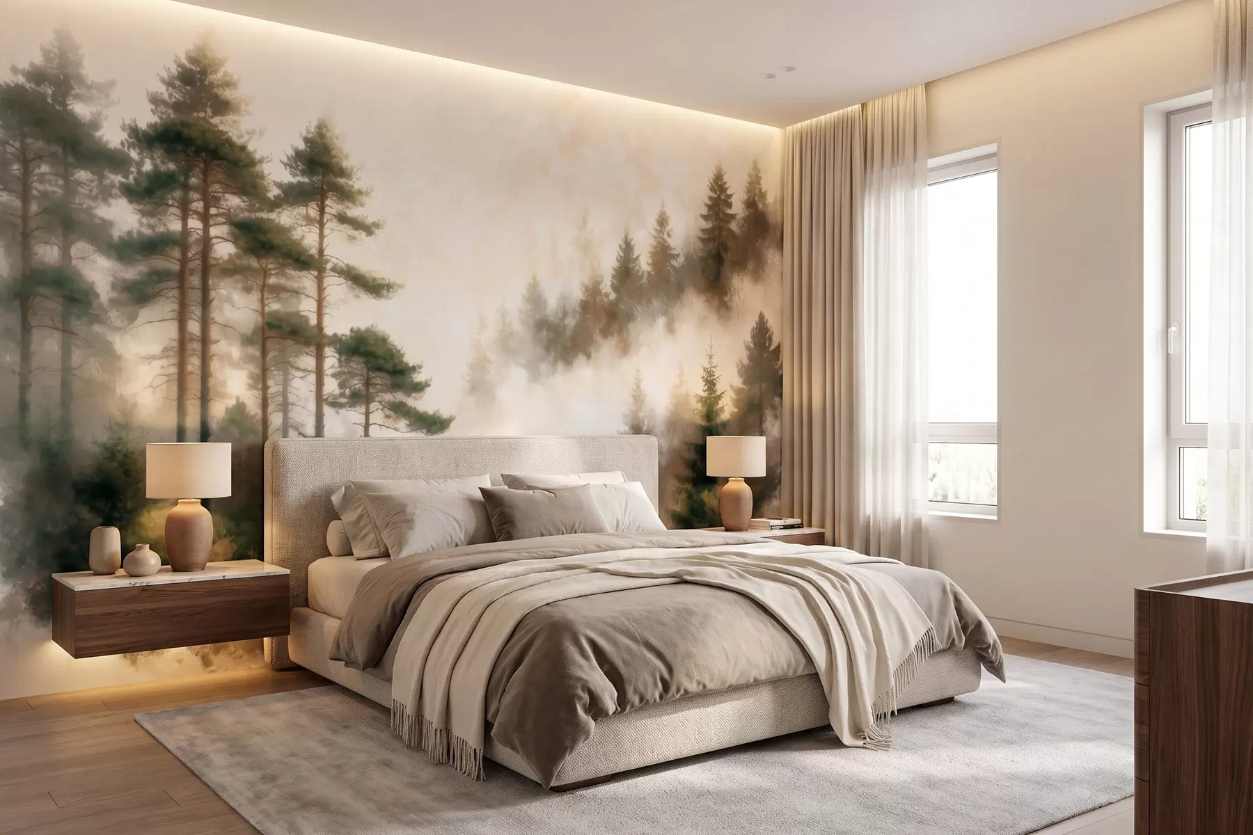 Fotobehang Een dennenbos in de ochtend, geschilderd in aquarelstijl w09916