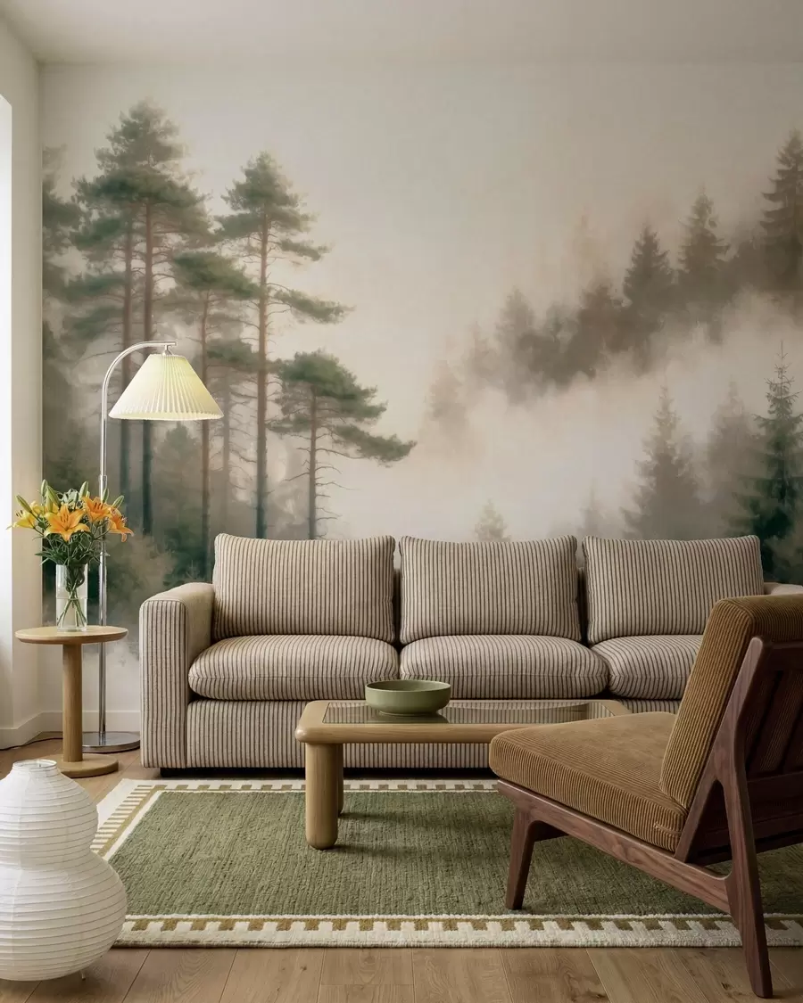 Fotobehang Een dennenbos in de ochtend, geschilderd in aquarelstijl w09916