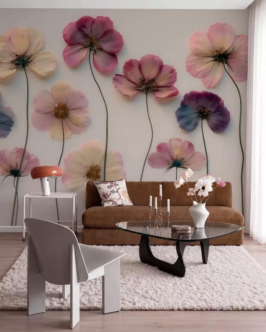Fotobehang Herbariumcompositie met gedroogde bloemen-effect en 3D-textuur w09911