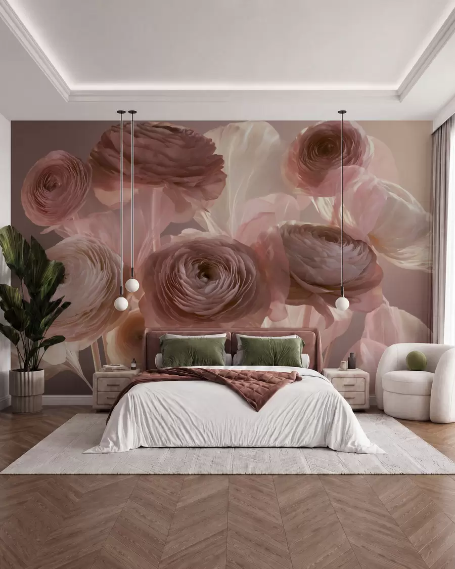 Papier peint photo Grandes fleurs de renoncule au style artistique, dans des tons de rose pâle et de crème w09921