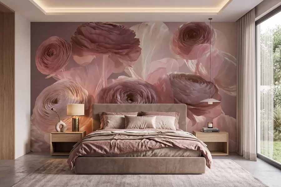 Fotobehang Grote, kunstzinnige ranonkels in zachte roze en crèmekleurige tinten w09921