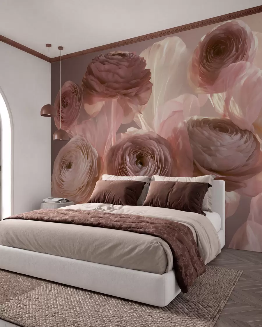 Papier peint photo Grandes fleurs de renoncule au style artistique, dans des tons de rose pâle et de crème w09921